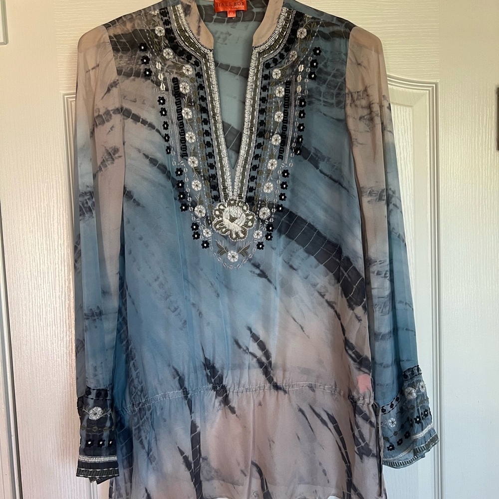 Hale Bob Cabana tye die silk embroidered split neck tunic